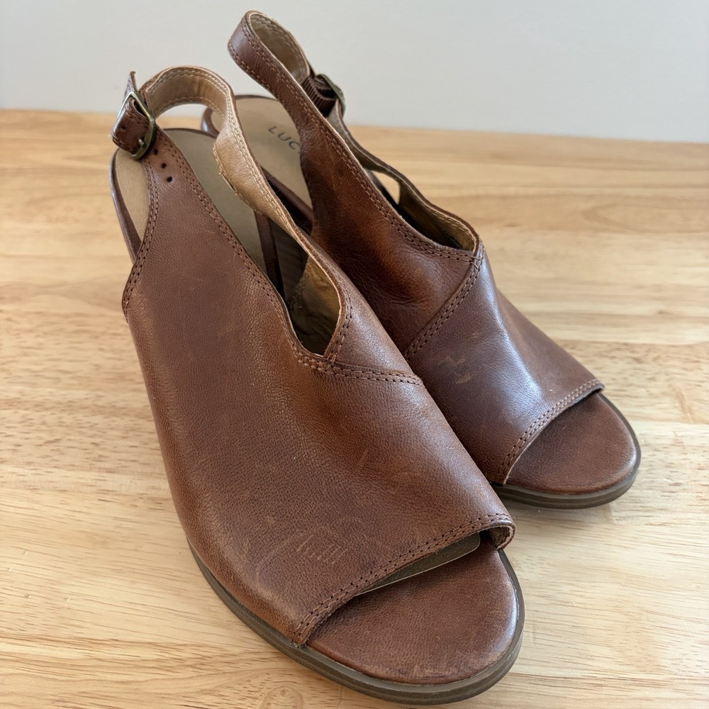 Lucky Brand Ovrandie‎ Leather Slingback Heels Brown Peep Toe Sandals Womens 7